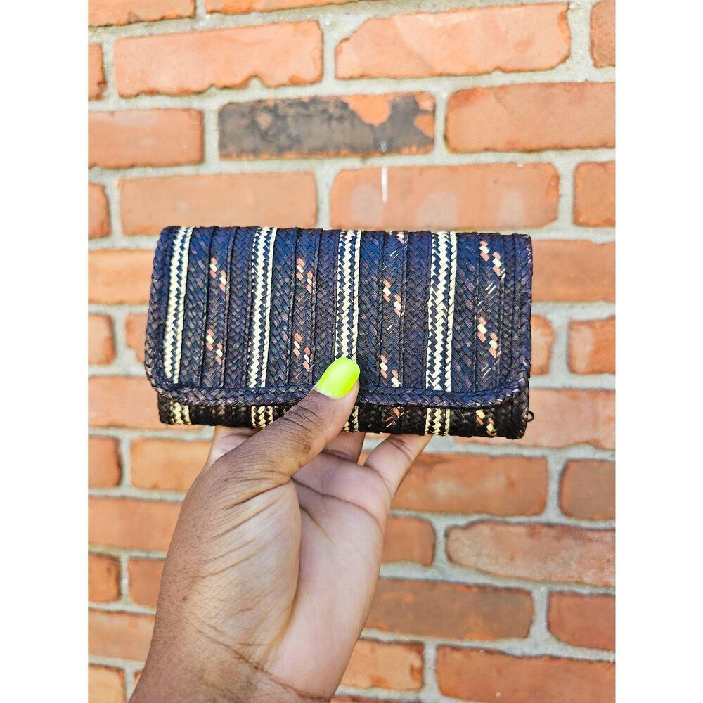 Vintage Brown Trifold Handmade Small Wicker Statement Clutch
